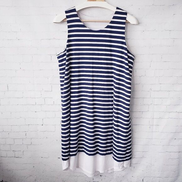 Garnet Hill Nautical Navy White Striped Dress Size M Shift Stretch Tank Cotton - Picture 1 of 6